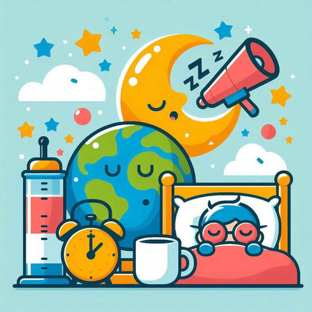 Vector illustration in flat linear style - sleep, insomnia, alarm clock, sleep mask, cup of coffee, sleep pillow.のイラスト素材