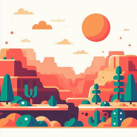 Desert landscape with mountains and cactuses. Vector illustration.のイラスト素材
