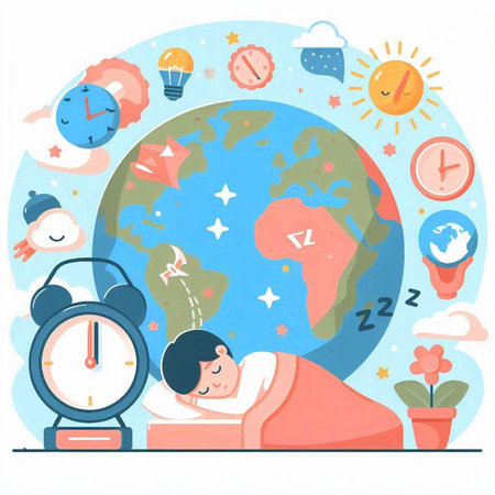 Illustration of a boy sleeping in front of an alarm clock and a world globeのイラスト素材