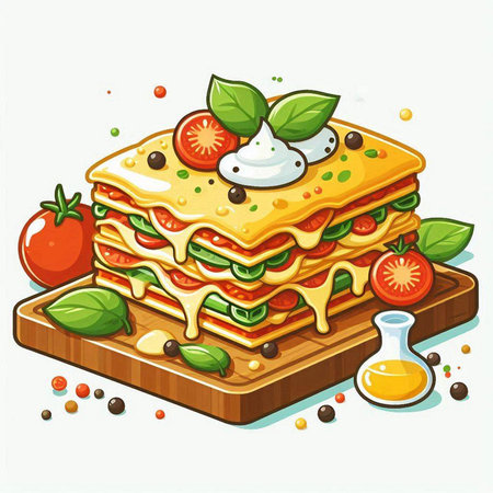 Illustration of a stack of lasagna with tomato sauce and basilのイラスト素材
