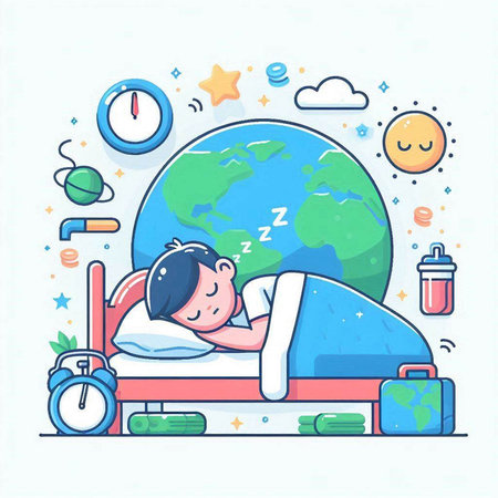 Illustration of a boy sleeping in bed with world globe in the backgroundのイラスト素材