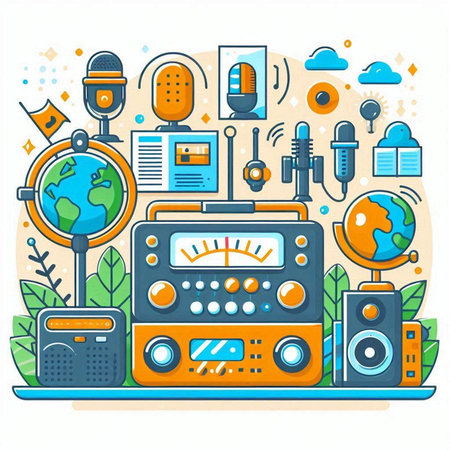 Colorful flat vector illustration of radio station. Radio equipment. Radio set.のイラスト素材