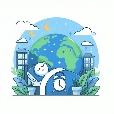 Vector illustration of a man sitting on the globe and holding an alarm clock.のイラスト素材