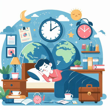Illustration of a Girl Sleeping in the Bed with World Map Aroundのイラスト素材