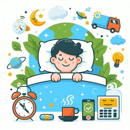 Man sleep in bed with alarm clock, alarm clock, coffee cup, mobile phone, alarm clock, cloud computing, vector illustrationのイラスト素材