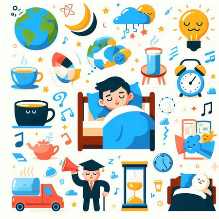 Vector illustration of a man sleeping in bed with a set of iconsのイラスト素材