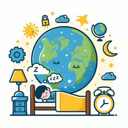 Illustration of a boy sleeping in bed with the alarm clock and the earthのイラスト素材