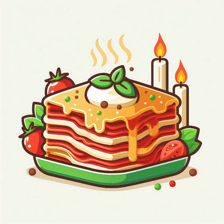 Illustration of a stack of lasagna with strawberries and a candleのイラスト素材