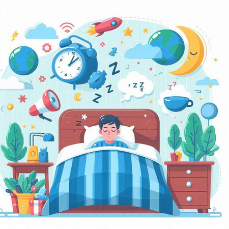 Vector illustration of a man sleeping in the bed and dreaming about the futureのイラスト素材