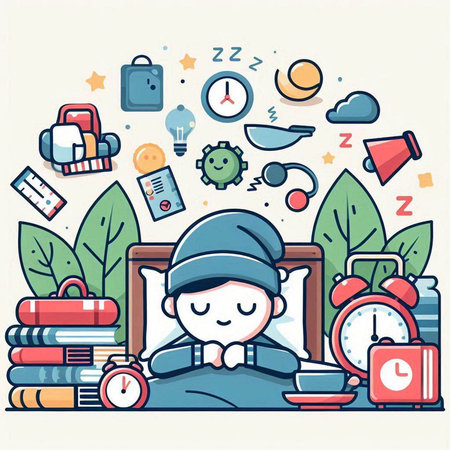 Vector illustration of a boy sleeping on the bed with alarm clock, books and other things around.のイラスト素材