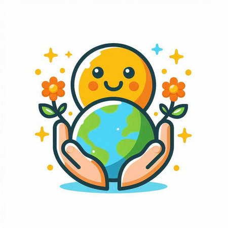 Cute cartoon planet earth with hands and flower. Vector illustration.のイラスト素材