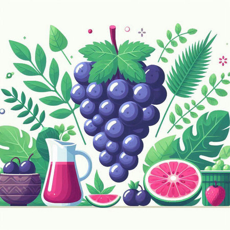 Grapes, juice, fruits and leaves. Vector illustration.のイラスト素材