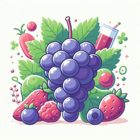 Fruit and berry vector illustration. Grapes, strawberries, blueberries, blueberries, currants.のイラスト素材