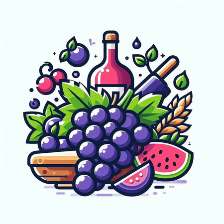 Vector illustration of a bottle of wine, grapes, cheese and fruits.のイラスト素材