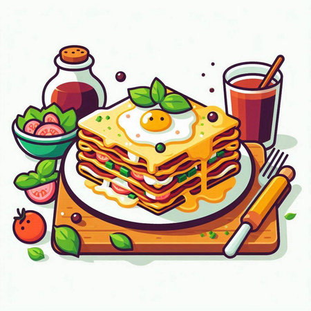 Illustration of tasty lasagna with fried egg, tomato and basilのイラスト素材