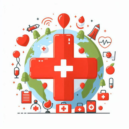 Flat design vector illustration concept of healthcare and medical services around the world.のイラスト素材