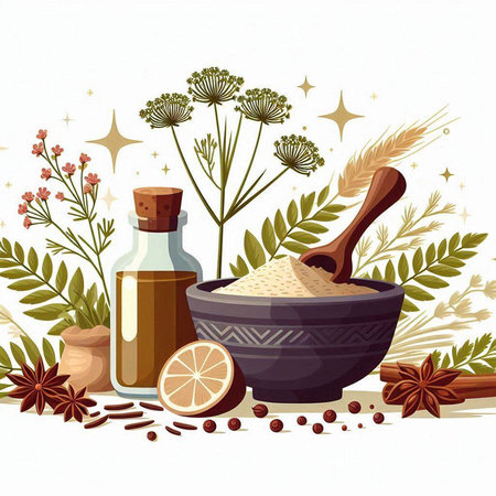 Spices and herbs. Vector illustration of herbs and spices in a mortar.のイラスト素材