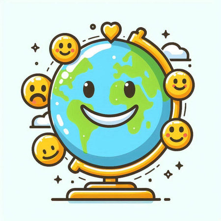 Vector illustration of cute cartoon earth globe character with smiling face and happy emoji.のイラスト素材