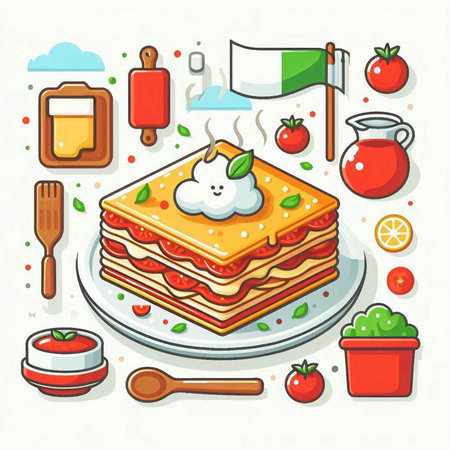Illustration of Italian lasagna on a plate. Vector illustration.のイラスト素材