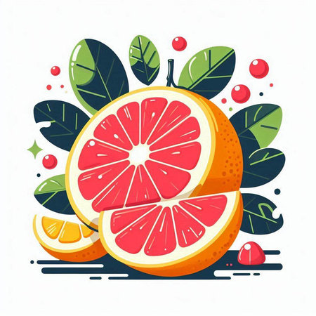 Grapefruit with leaves and berries. Vector illustration in flat style.のイラスト素材