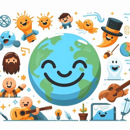 Cartoon vector illustration of happy planet earth character with various icons.のイラスト素材