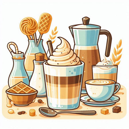 Coffee set. Vector illustration of a cup of cappuccino with whipped cream, waffles, cinnamon, sugar and coffee beans.のイラスト素材