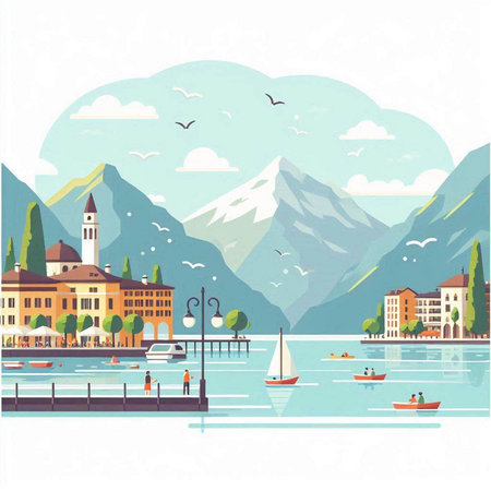 Lake Como, Italy. Landscape with mountains and boats. Vector illustrationのイラスト素材