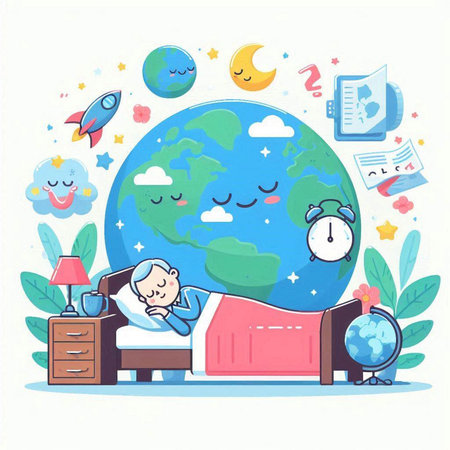 Cartoon man sleeping in bed and dreaming about the future. Vector illustrationのイラスト素材