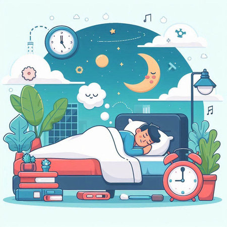 Sleeping man in bed with alarm clock. Vector illustration.のイラスト素材