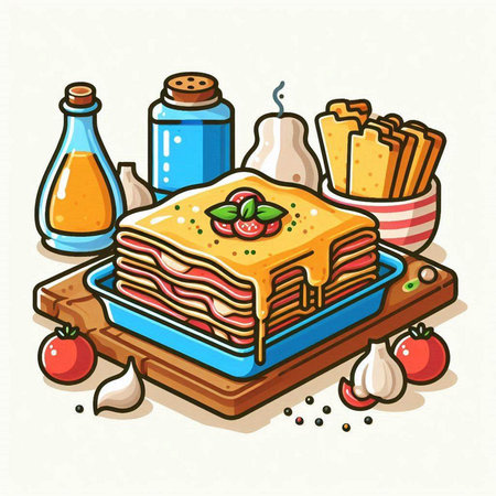 Illustration of lasagna with tomato sauce and fries on wooden boardのイラスト素材