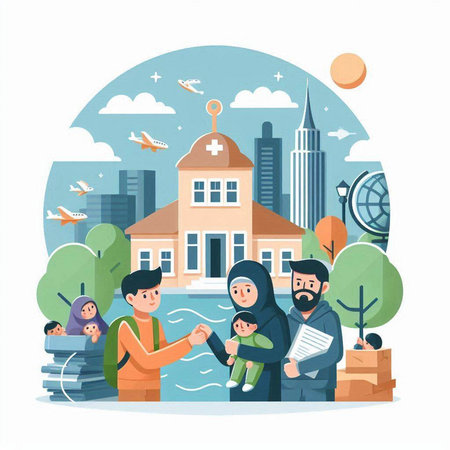 Muslim family in the city. Vector illustration in a flat style.のイラスト素材