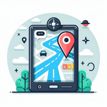 Smartphone with GPS navigation application. Modern flat style vector illustration.のイラスト素材