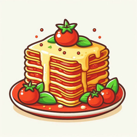 Illustration of a Stack of Pancakes with Strawberry and Maple Syrupのイラスト素材