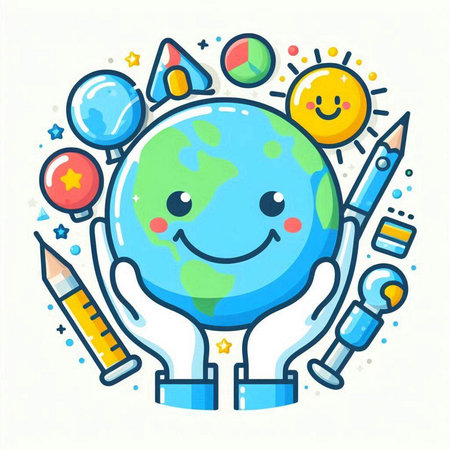 Cute cartoon earth in hand. Vector illustration for your design.のイラスト素材