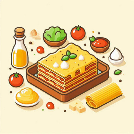 Illustration of lasagna ingredients in a wooden tray on a white backgroundのイラスト素材