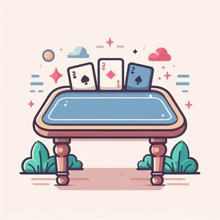 Pool table with playing cards. Vector illustration in line art style.のイラスト素材