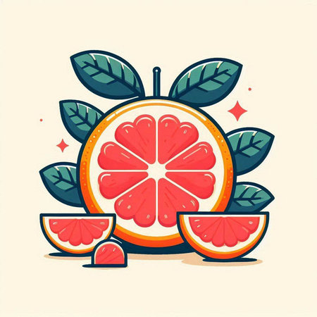 Cute cartoon grapefruit with slices and leaves. Vector illustration.のイラスト素材