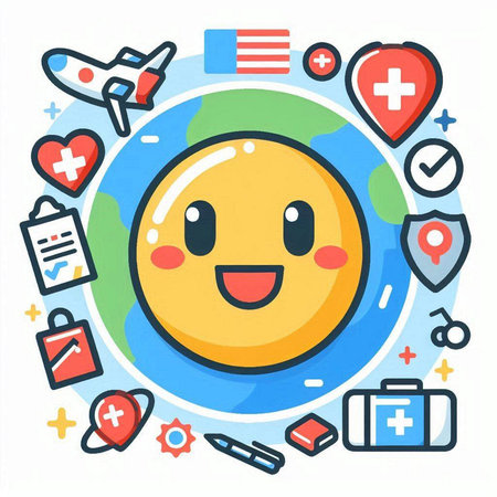 Vector illustration of happy planet earth with medical icons around. Flat style designのイラスト素材