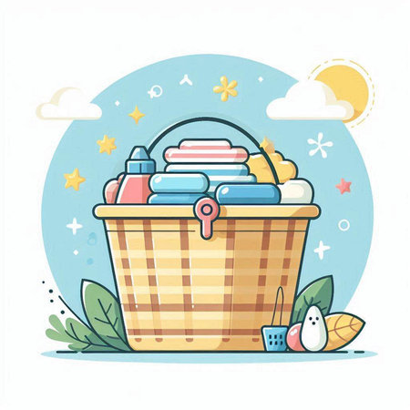 Basket with baby clothes. Vector illustration in flat cartoon style.のイラスト素材