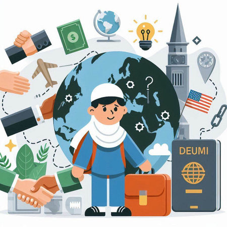 Vector illustration of a flat design of a man with a backpack, handshake, passport, globe, globe and other elements.のイラスト素材