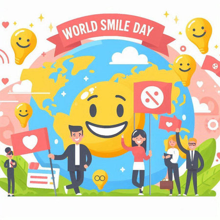 World Smile Day concept with group of people holding flags. Vector illustrationのイラスト素材
