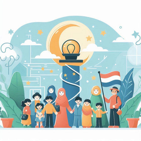 Vector illustration of Muslim family holding a lightbulb in the cityのイラスト素材
