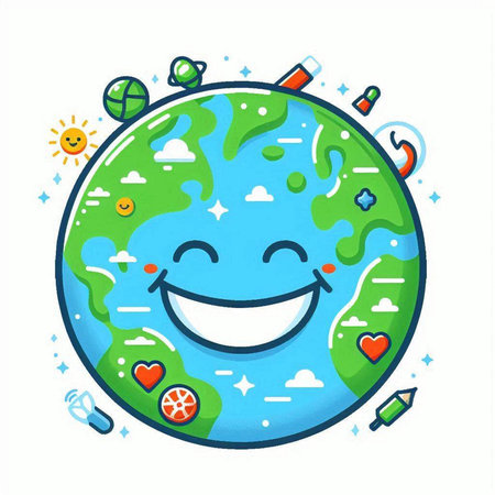 Vector illustration of Earth character with smiley face and social media iconsのイラスト素材