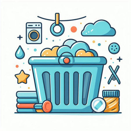 Laundry basket with cleaning products. Vector illustration in line style.のイラスト素材