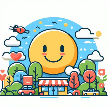 Vector illustration of happy smiling sun in the city. Flat style designのイラスト素材