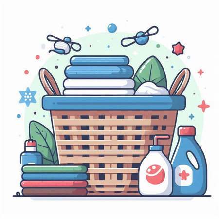 Laundry basket with cleaning products. Vector illustration in cartoon style.のイラスト素材