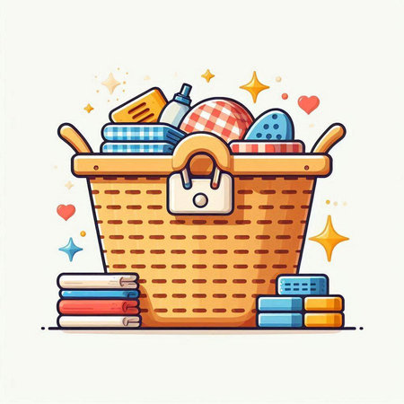 Vector illustration of a basket with a lot of things for cleaning.のイラスト素材