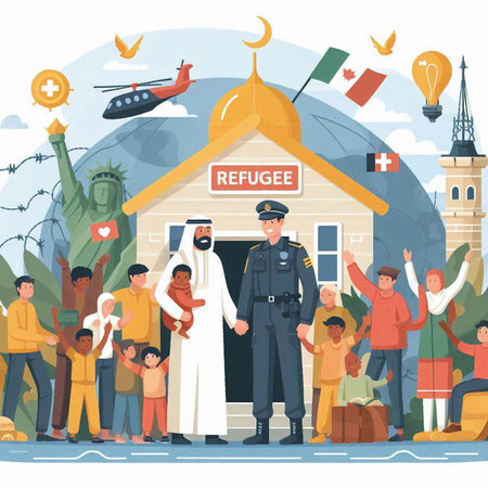 Muslim family on mosque background. Muslim men and women in traditional clothes standing near mosque. Muslim people praying and greeting each other. Vector illustrationのイラスト素材