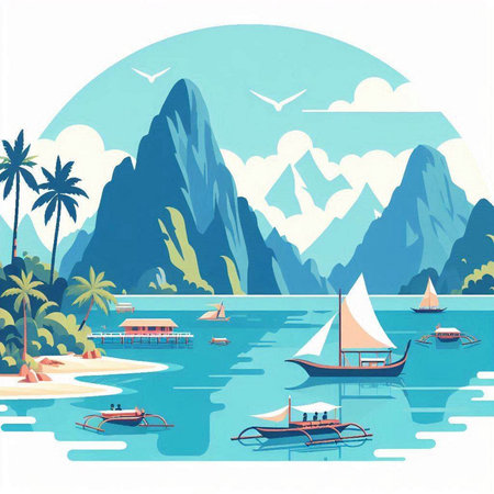 Seascape with mountains, palm trees and boats. Vector illustration.のイラスト素材