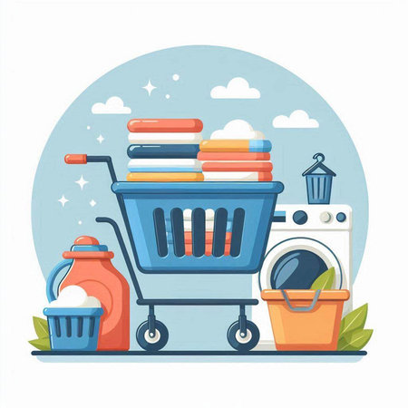 Laundry service concept. Laundry basket with washing machine, washing powder, detergent, bleach. Flat vector illustrationのイラスト素材